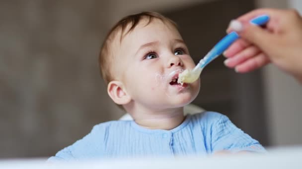 Menino Feliz Alimentado Colher Por Sua Mãe Miúdo Adorável Comer — Vídeo de Stock