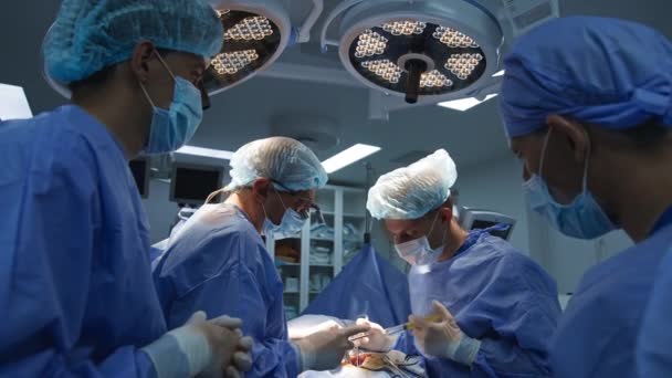 Två Kirurger Som Använder Metallverktyg Som Samarbetar Vid Operationen Läkarassistenter — Stockvideo
