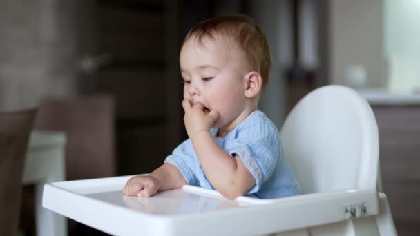 Malý Roztomilý Chlapeček Sedící Krmného Stolu Krásné Dítě Dává Bagetu — Stock video