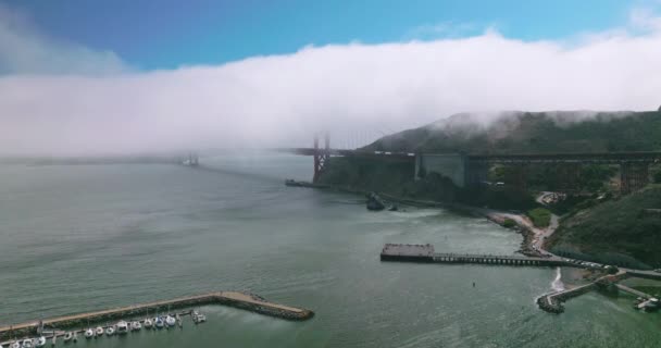 유명한 샌프란시스코 마크를 숨기고 두꺼운 안개의 거대한 게이트 브릿지의 시작은 — 비디오