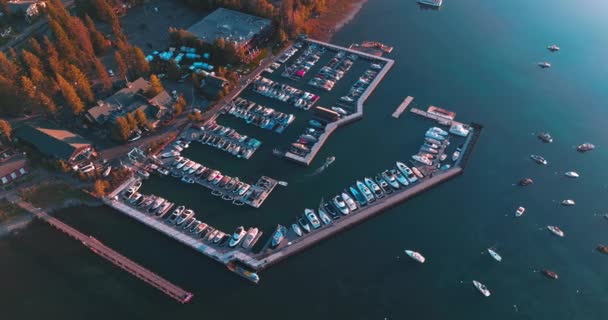 在塔荷湖码头有很多船和游艇 许多船只在湖面上航行 拍下了无人驾驶飞机的镜头 — 图库视频影像