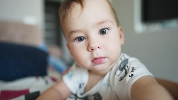 Lindo Chico Con Grandes Ojos Grises Mejillas Dulces Curioso Bebé — Vídeos de Stock