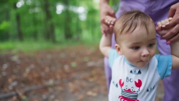 赤ちゃんは 緑の夏の公園で屋外で時間を過ごしています リトル トッドラーは母親が抱いた道を歩いている クローズアップ — ストック動画