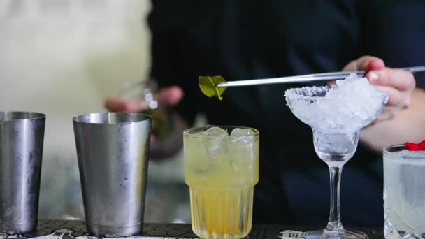 Göra Cocktails Bardisken Man Bartender Sätta Ett Grönt Blad Ett — Stockvideo
