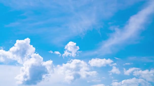 明るい太陽に照らされたふわふわした白い雲の見事なターコイズ地平線 ソフトクルス雲の動き ローアングルビュータイムラプス — ストック動画