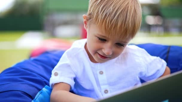 Lovely Fair Haired Little Boy Spending Time Outdoors Caucasian Kid — Stock Video