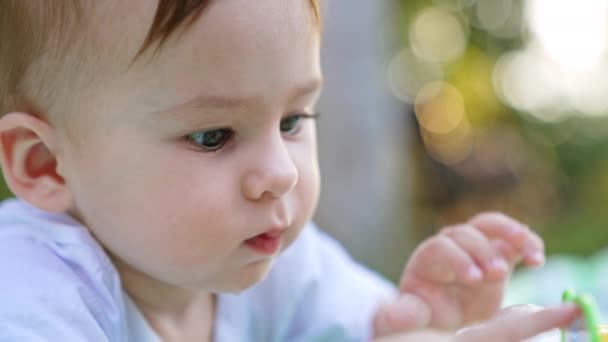 おもちゃで忙しい愛らしい白人赤ん坊の肖像画 クローズアップ サイドビュー ブラーレッド バックドロップ — ストック動画