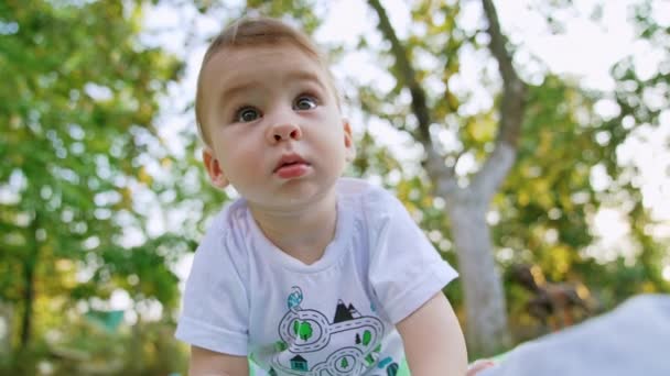 Ciekawy Biały Dzieciak Shircie Czołga Się Ziemi Mały Chłopiec Rozglądający — Wideo stockowe