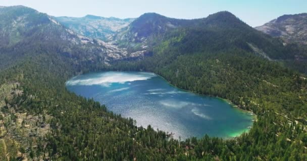 松の木で覆われた山の美しい青い楕円形の湖 頂上からの山の景色 — ストック動画