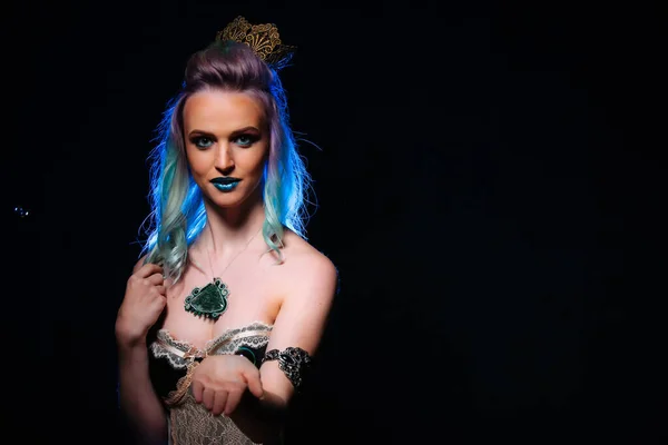 Beautiful Young Woman Blue Hair Crown Posing Studio Black Background — Stock Photo, Image