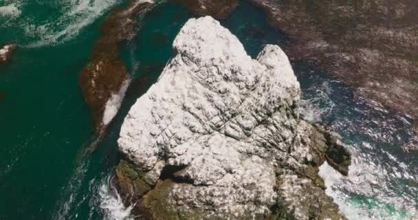 白色的岩石从蓝色的海水中渗出 浪涌上山顶海藻漂浮在水面上 顶部视图 — 图库视频影像