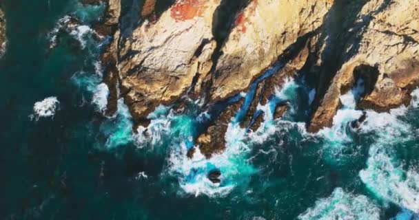 Stilla Havet Rasar Vid Kaliforniens Steniga Kust Sjögräs Samlades Vattenytan — Stockvideo