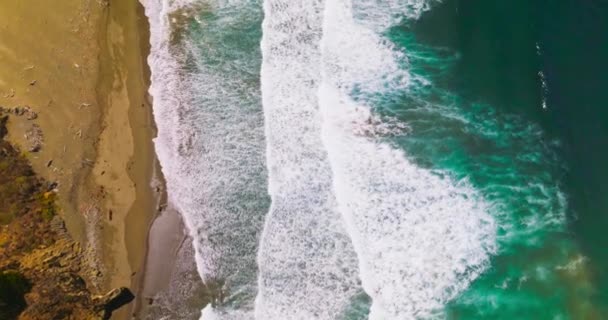 Okyanustan Gelen Köpüklü Beyaz Dalgalarla Yıkanmış Güzel Kumlu Sahil Güneşli — Stok video
