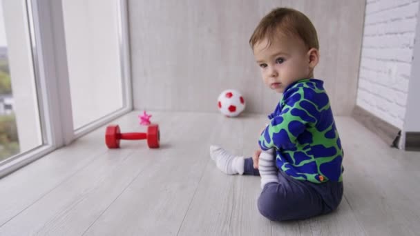 Nice Cute Toddler Boy Playing Floor Big Windows Kid Wants — Stock Video