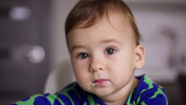 Lovely Cute Little Boy Being Fed Spoon Mother Shoving Spoon — Stock Video