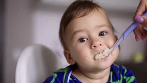 Nutrición Hermoso Niño Caucásico Una Cuchara Retrato Niño Encantador Ojos — Vídeo de stock