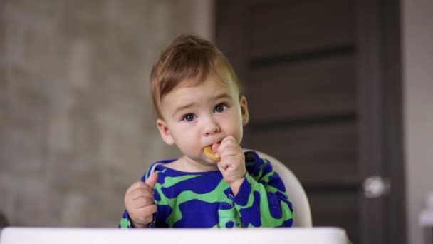 健康的白人男婴吃零食 可爱的幼儿吃小百吉饼 做鬼脸 靠近点 — 图库视频影像
