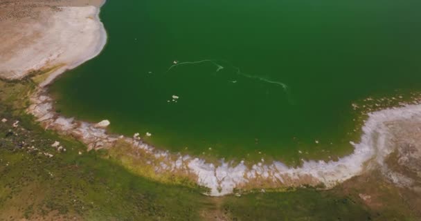 Volando Por Encima Del Agua Aguamarina Del Lago Orilla Desnuda — Vídeo de stock