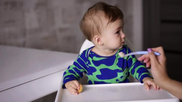 Sevimli Küçük Çocuk Önce Yemeyi Reddediyor Sonra Kaşıkla Yemek Yiyor — Stok video