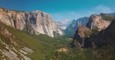 Yosemite Ulusal Parkı, Kaliforniya, ABD 'deki devasa dik kayalar. Uçurumların arasında büyüyen yeşil çam ağaçları. Güneşli gün görüntüleri.
