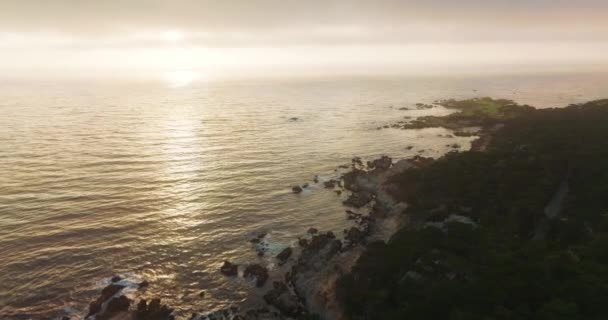 Ragged Drsné Skalnaté Pobřeží Pokryté Zelení Krásný Tichý Oceán Paprscích — Stock video
