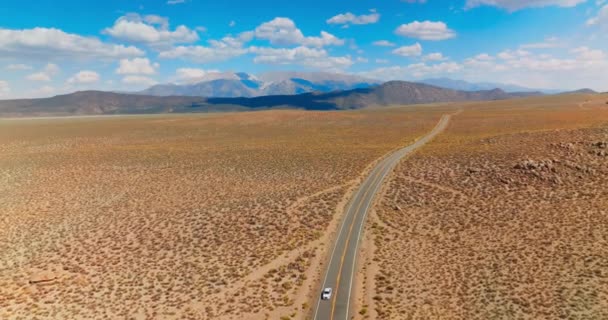 乾燥した風景を横断する高速道路 アメリカ合衆国ネバダ州への荒廃した土地 バックドロップの山 — ストック動画