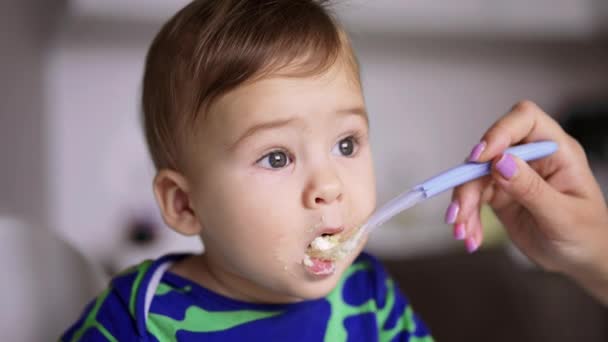 Piękny Siwooki Chłopczyk Jedzący Nabiał Domu Słodki Biały Dzieciak Dobrze — Wideo stockowe
