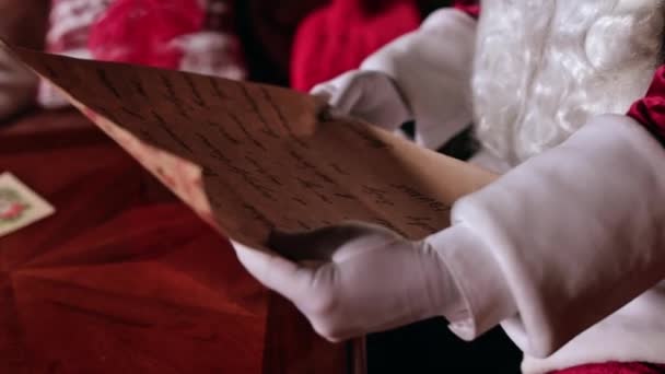 Santa Hands White Gloves Holding Letter Grandpa Claus Puts Letter — Stock Video
