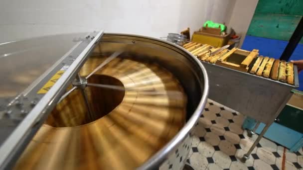 遠心分離機で動作する回転機構 横に立っているフレームでいっぱいの金属箱 有機蜂蜜抽出のプロセス — ストック動画