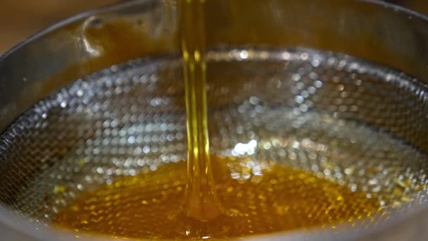 Little Stream Honey Flowing Metal Sieve Close Organic Honey Filtering — Stock Video