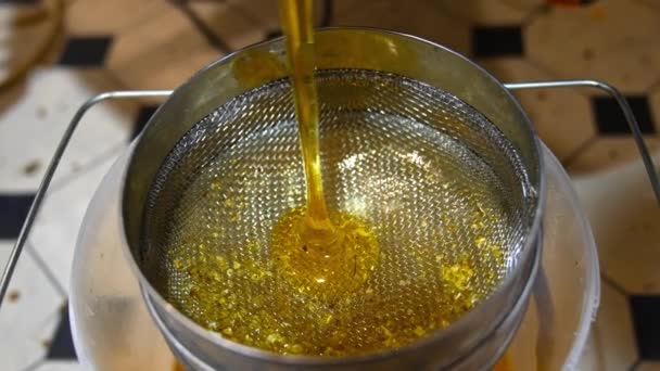 蜂蜜のろ過のためのバケツの上の金属のふるい 新鮮な黄色い液体の蜂蜜は機械から流れ始めます 健康的なオーガニックフードコンセプト — ストック動画