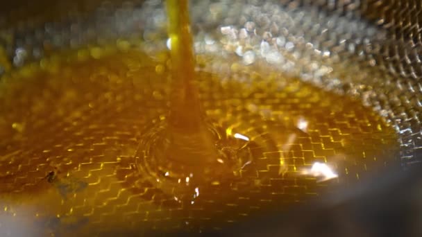 Ongefilterde Verse Honing Stroomt Metalen Zeef Sluit Maar Gezonde Biologische — Stockvideo