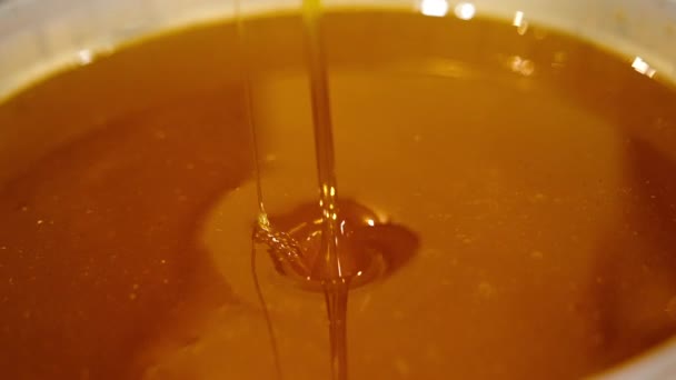 ゴールデン液体はボウルに蜂蜜を集めました 小さな流れが皿を満たしています 健康的な有機天然食品コンセプトを閉じる — ストック動画