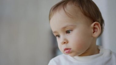 Kafkasyalı güzel bir çocuk bir noktaya bakıyor. Güzel bebek, sevimli yanakları içeride huzur içinde oturuyor. Kapatın. Bulanık arkaplan.