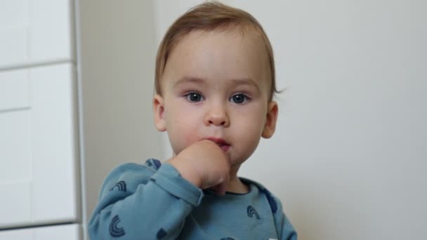 一岁的小孩穿着蓝色衬衫 嘴里衔着一个手指 可爱的孩子站在所有四个 爬到相机前 靠近点 — 图库视频影像