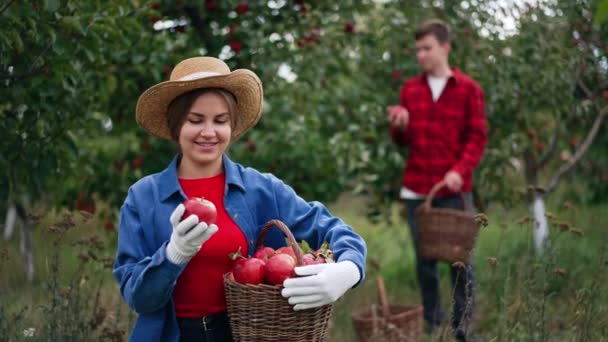 Young Blonde Lady Hat Looking Apples She Gathered Garden Boy — Stock Video