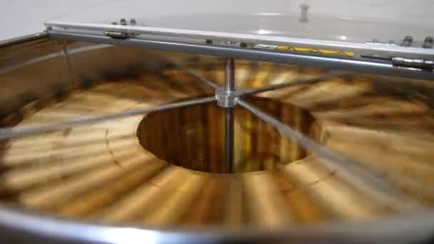 Draaimechanisme Werkt Het Metalen Vat Elektrische Centrifugemachine Die Honing Uit — Stockvideo