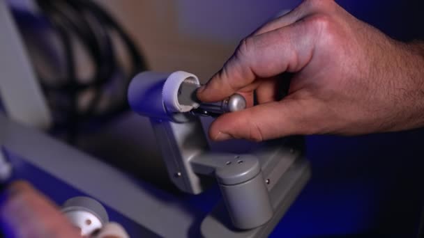 Surgeon Male Hand Shows Movement Handle Operational Equipment Vinci Machine — Stock Video