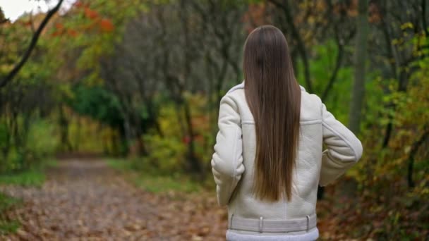 跟在那个在公园里散步的黑头发美女后面 女人面带微笑地把头转向摄像机 秋季自然背景 — 图库视频影像