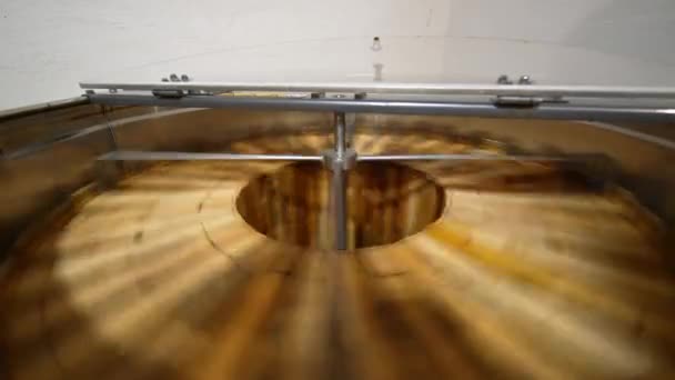 Βιολογική Παραγωγή Μελιού Στη Μελισσοκομία Συσκευή Περιστρέφει Ξύλινα Πλαίσια Για — Αρχείο Βίντεο