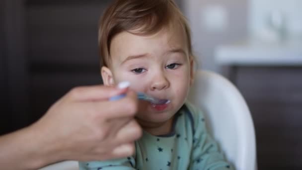 小さなトッドラーに食べ物を与える ママの手がスプーンを赤ちゃんの口に食べ物で閉じ込めている クローズアップ ブラーレッド バックドロップ — ストック動画