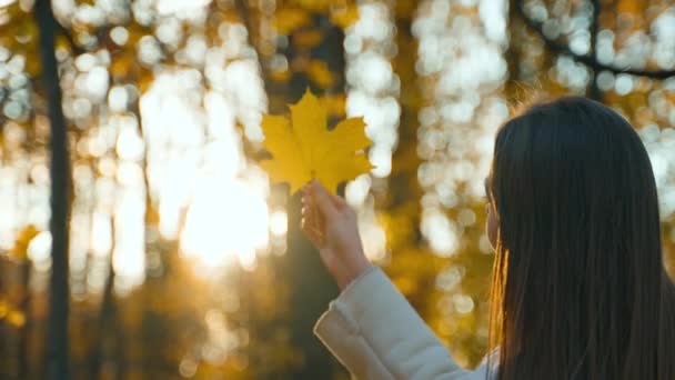 Neznámá Žena Tmavými Dlouhými Vlasy Užívá Podzimní Slunce Parku Dáma — Stock video