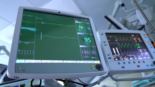 手術中に動作する肺換気システムのモニター クローズアップ ローアングルビュー 医療機器のスクリーン上のカーブと数字 — ストック動画