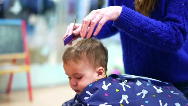 プランプチークとブルーキャップの赤ちゃんの少年は 美容師の椅子にいます 認知されていない女性の床屋は子供の髪をしています ブラーレッド バックドロップ — ストック動画