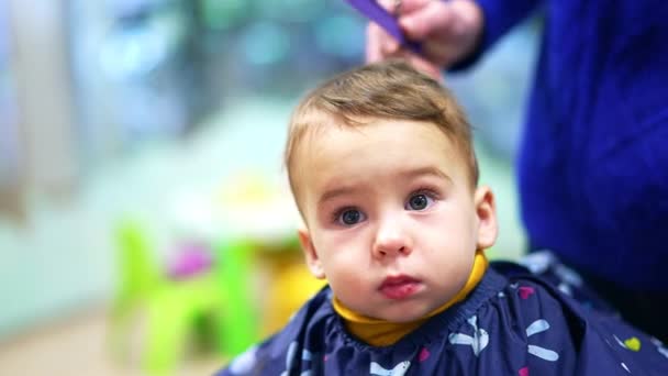 Schöne Kaukasische Junge Mit Einem Ersten Haarschnitt Salon Kind Sitzt — Stockvideo