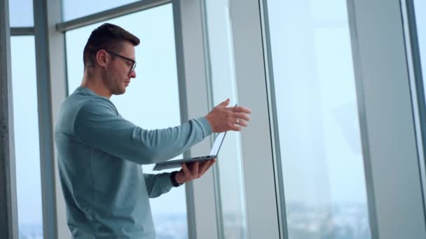 Serious Confident Businessman Standing Indoors Neat Big Window Man Opens — Stock Video