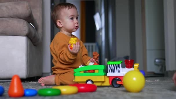 Γλυκό Παιδί Που Παίζει Παιχνίδια Που Κάθονται Στο Πάτωμα Χαριτωμένο — Αρχείο Βίντεο