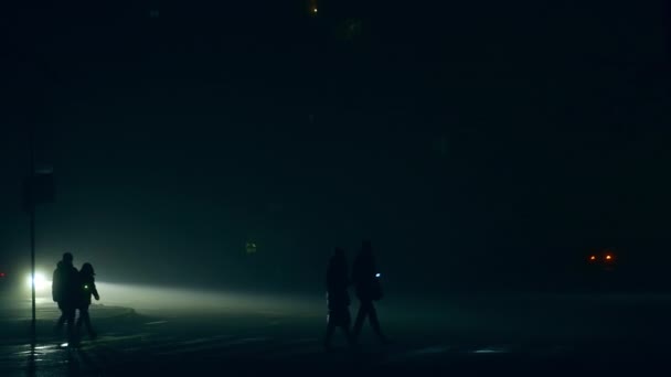 Люди Перетинають Дорогу Вночі Використовуючи Ліхтарі Темрява Місті Під Час — стокове відео
