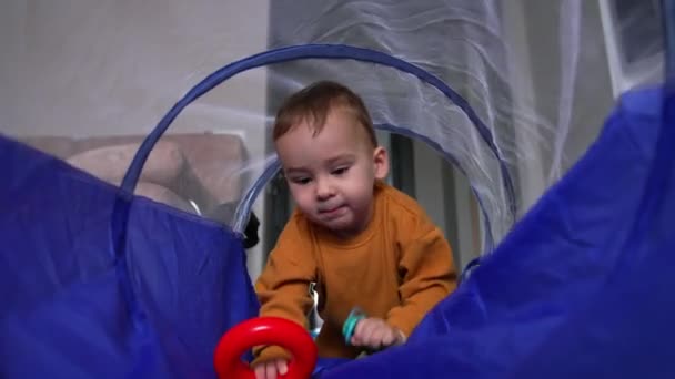 Hübsches Kind Nähert Sich Kamera Kriechend Durch Den Spielzeugtunnel Baby — Stockvideo
