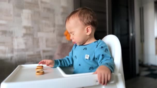 Little Kid Sitting Feeding Table Looks Bagels Front Him Sneezes — Stock Video